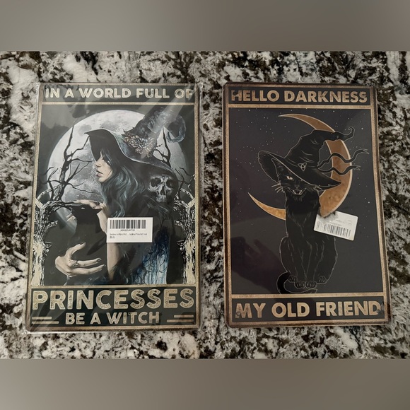 Witch and Cat Themed Metal Tin Halloween Signs - Picture 1 of 1